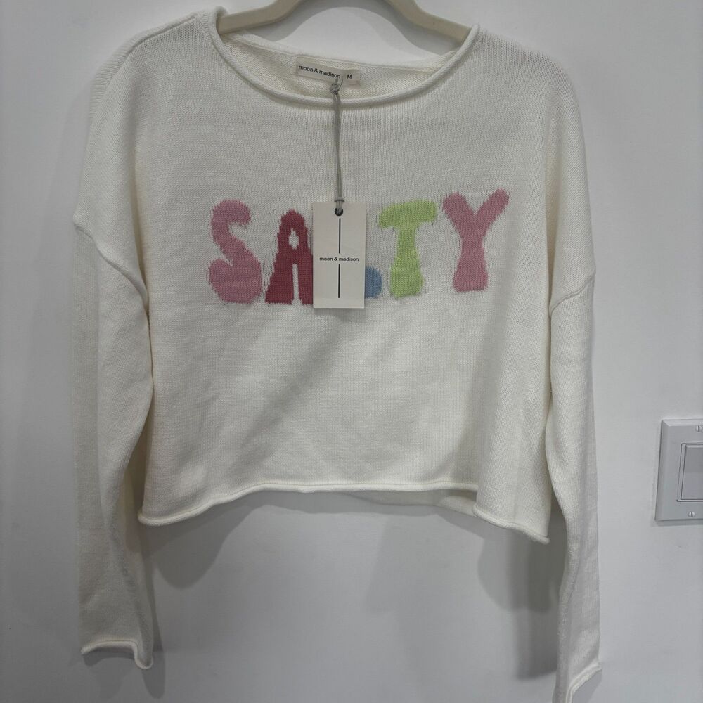Moon & Madison "Salty" Cropped Knit Sweater NWT Graphic Pullover Size Medium